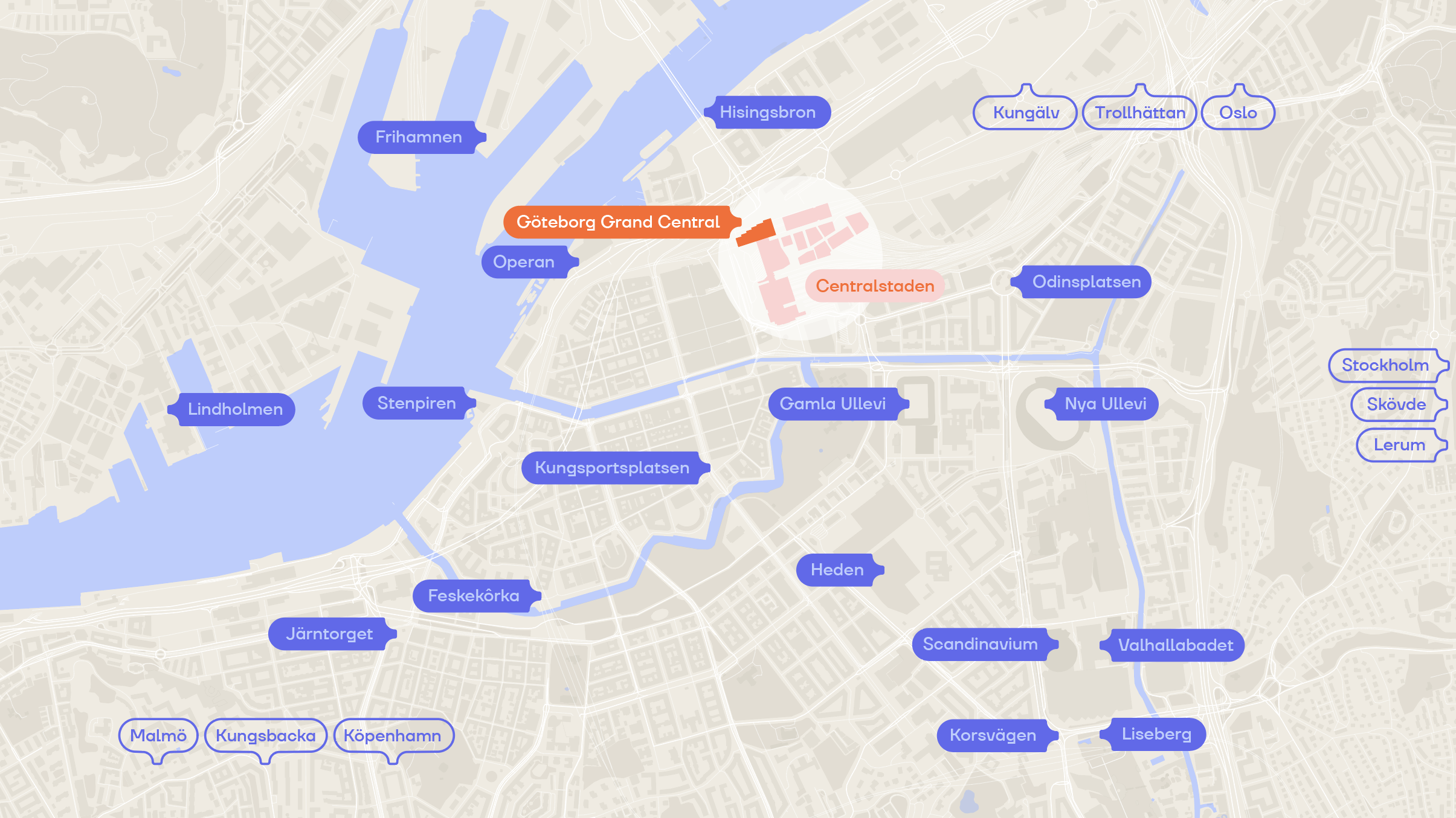 Översiktskarta Göteborg med placering av Göteborg Grand Central