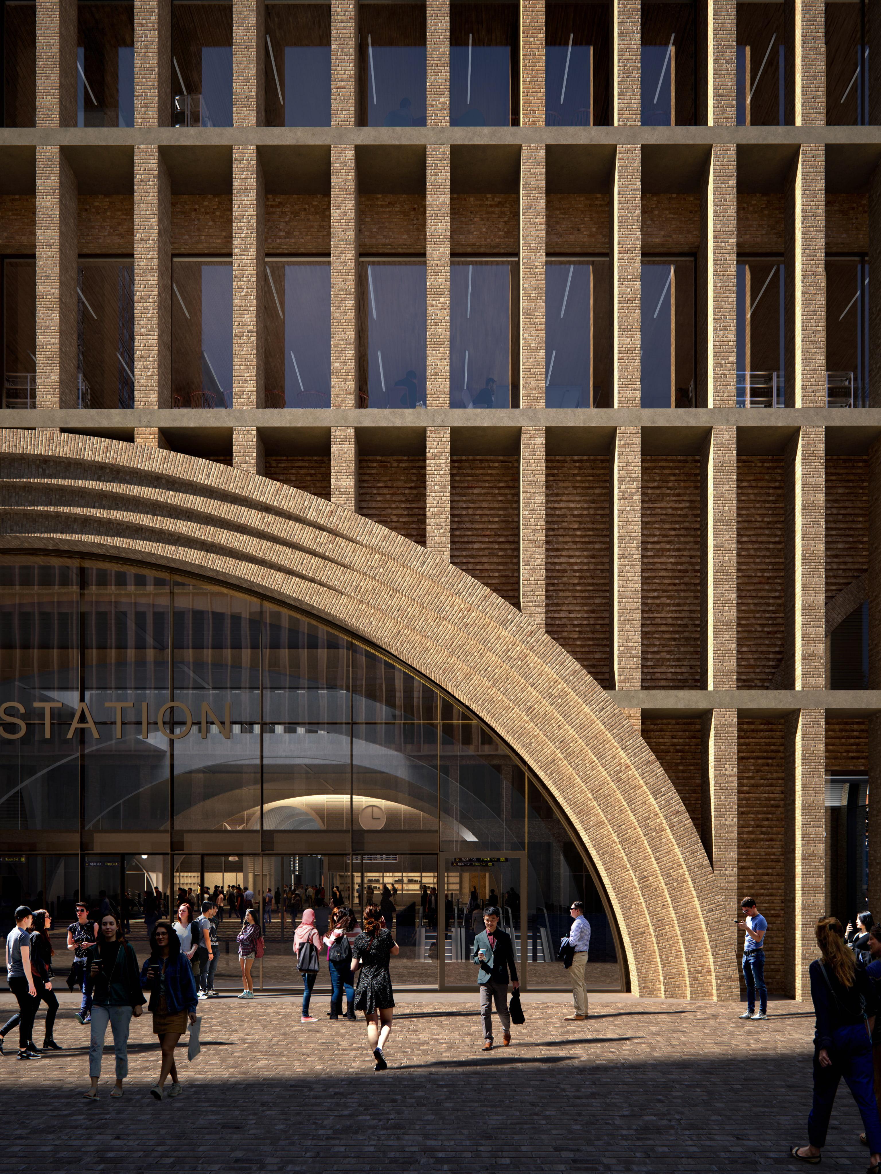 Arkitekturvisualisering av färdiga Göteborg Grand Central med tegelfasad, stora glaspartier och människor som rör sig framför den imponerande entrén med böjd tegelstruktur