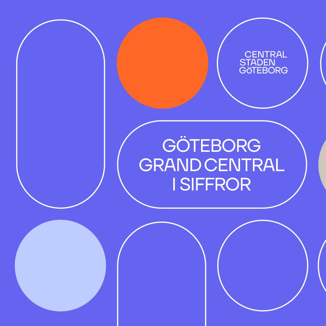 text "Göteborg grand central i siffror" med piller och cirkelformade element på mörk lila bakgrund